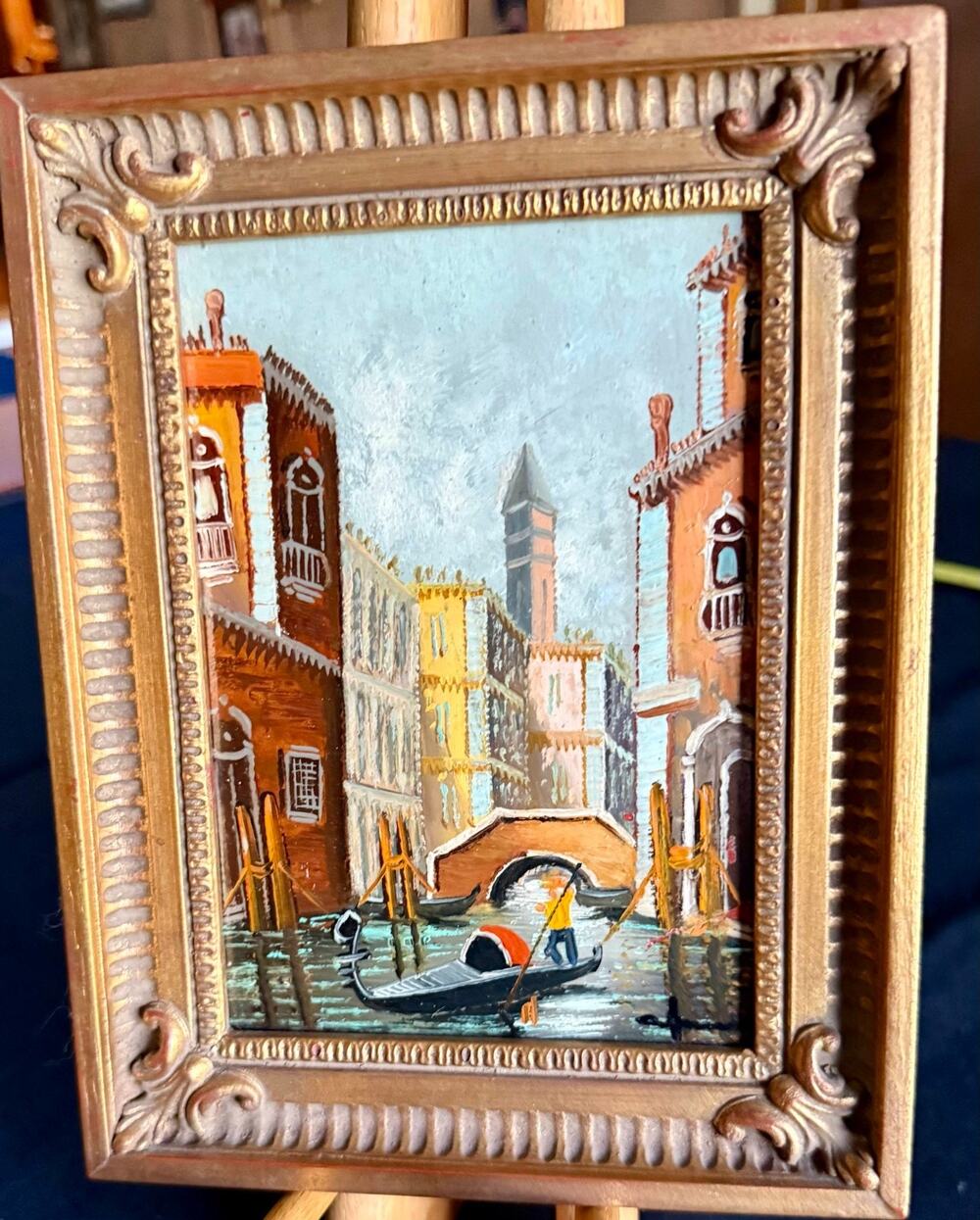 Vintage Venice Canal Oil Painting Ornate Gold Wood Frame DeVity Style MCM 9x7